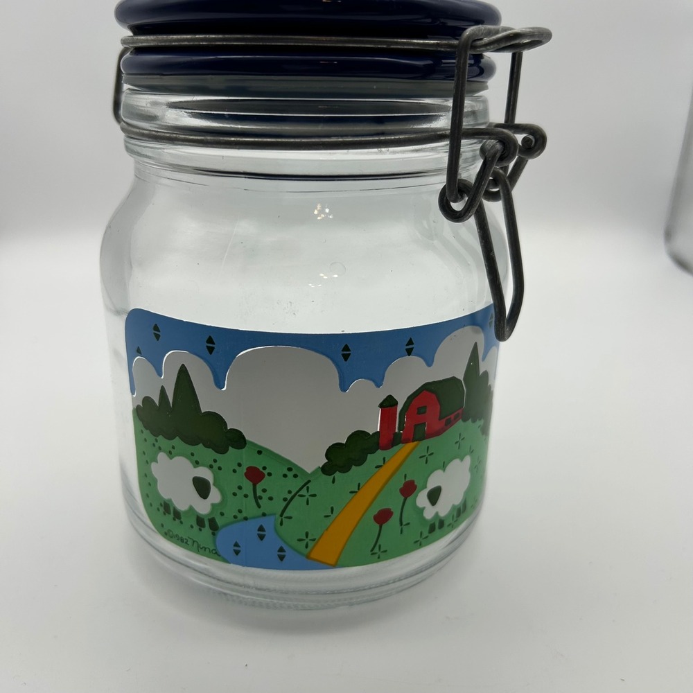 Vintage 1982 Nina Farm Scene Glass Jar Wire Bale Flip Top Lid Sheep Barn 7in